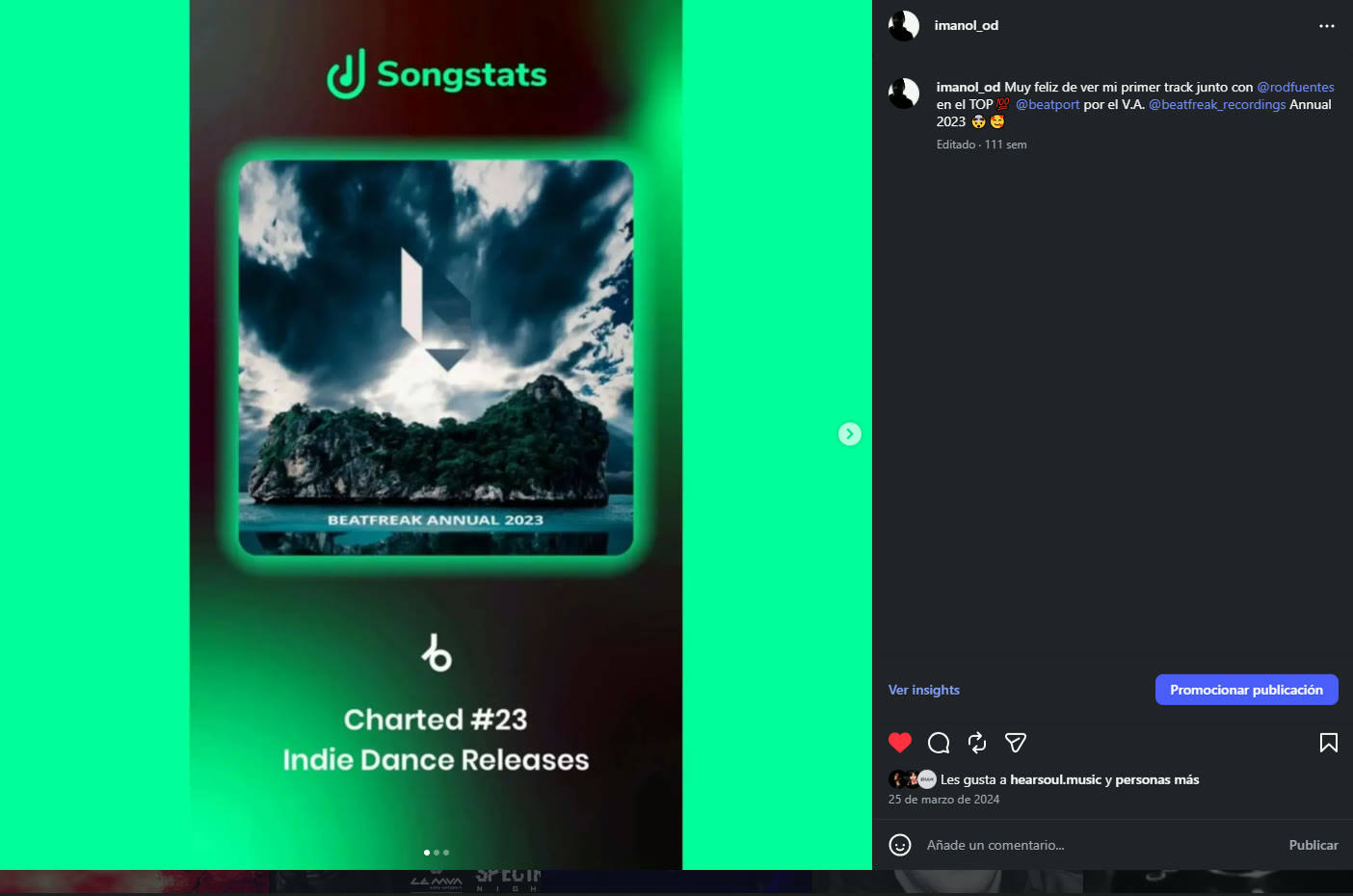 Captura de Songstats mostrando el track de Hearsoul y Rod Fuentes en BeatFreak Annual 2023 charted numero 23 en Indie Dance Releases